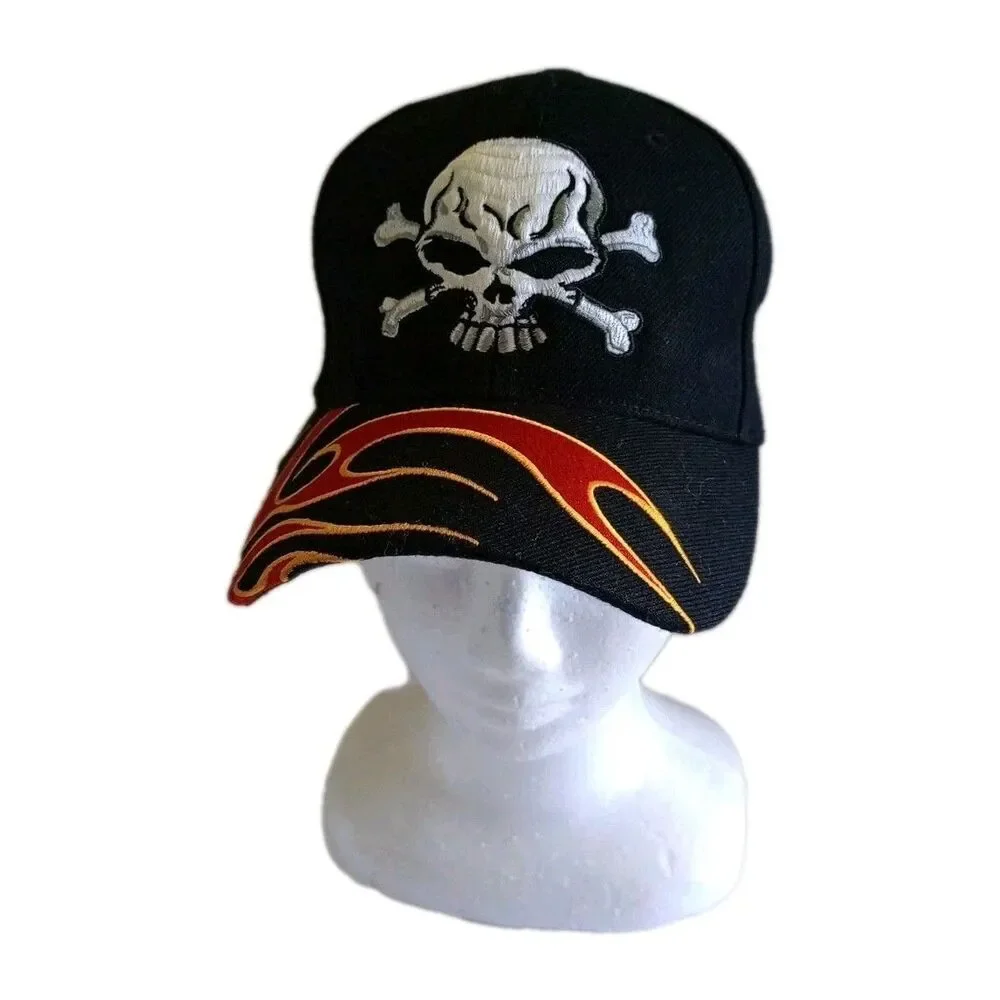 Skull On Fire Brim On Fire Choppers Embroidered Hat Flame Graphic Bikercore
